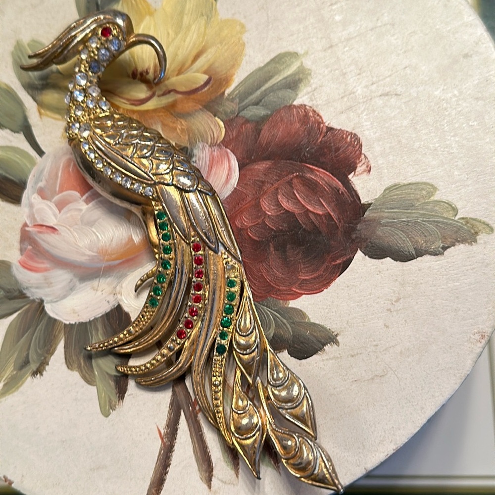 Vintage 30’s Bird of Paradise pot metal w/vermeil/rhinestones brooch 5 3/8”